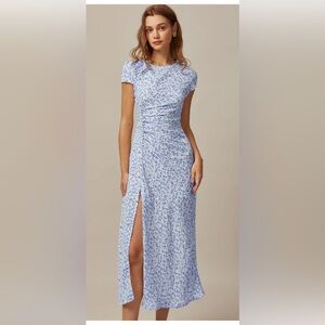 RIHOAS Round Neck Floral Midi Dress Slit XL Blue